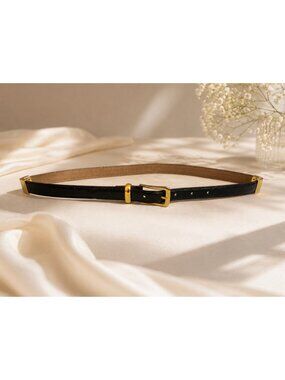 Vintage Gold Buckle Womens Italian Black Calfskin Leather Skinny M Belt